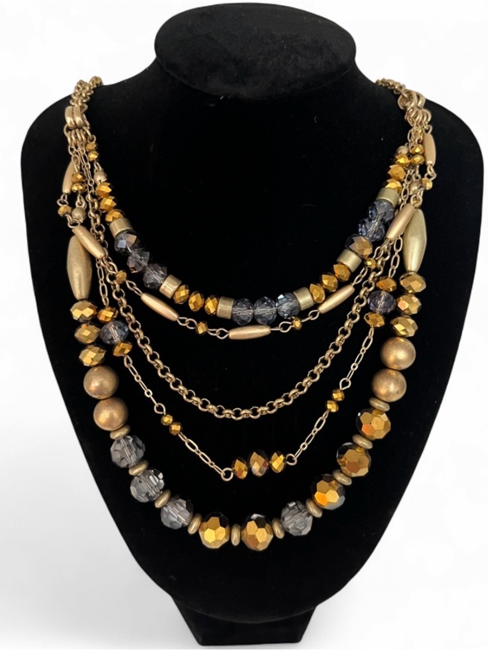 Multi-Strand Gold and Gray Beaded Statement Necklace